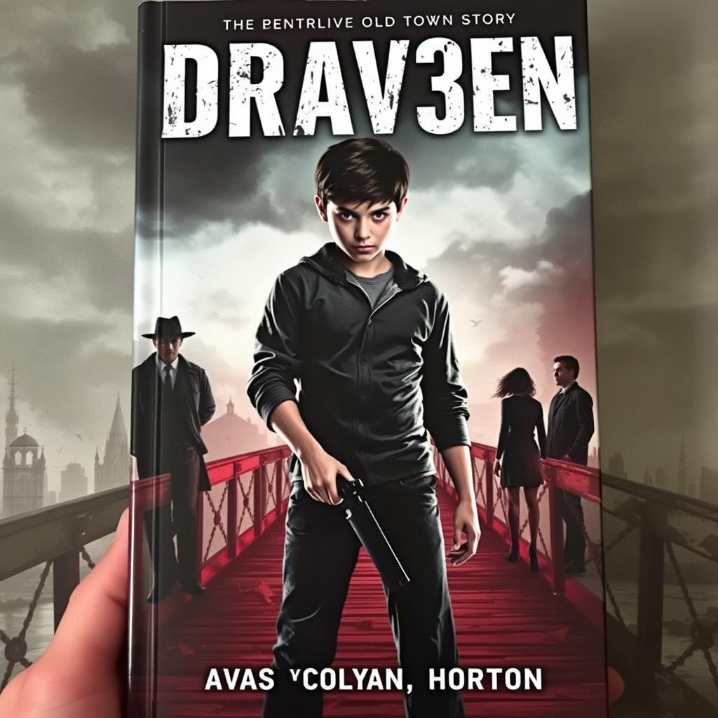 A dramatic book cover featuring a teenage boy named Draven with piercing red eyes, holding a weapon, standing defiantly on the old town bridge