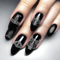 A striking digital art image depicting a set of nails styled with a Gothic influence