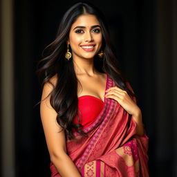 A beautiful woman dressed in a vibrant red bra paired with an elegant sari, showcasing a graceful pose