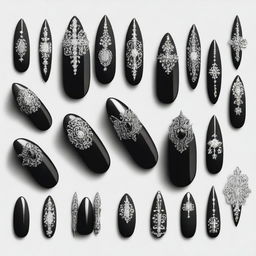 A striking digital art image depicting a set of nails styled with a Gothic influence