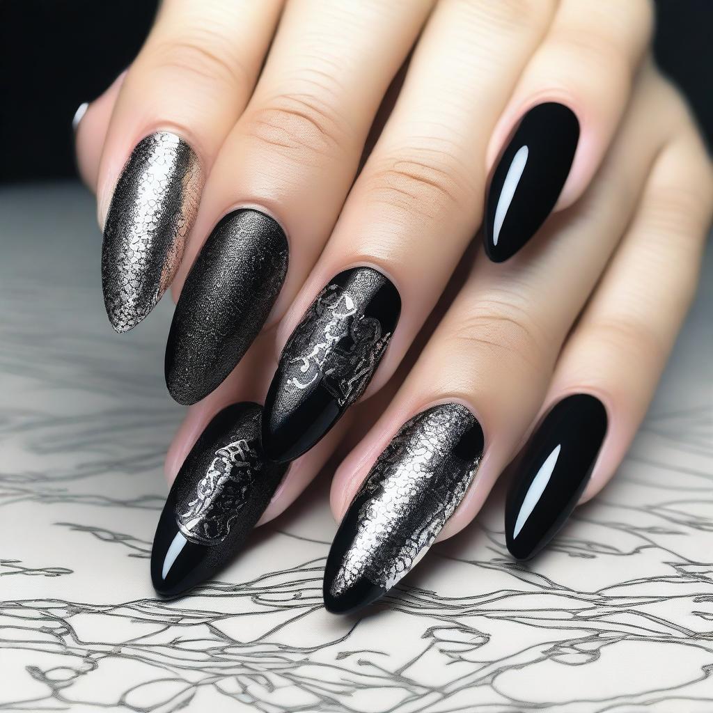 An impressive digital art image showcasing a set of nails designed with a Gothic inspiration