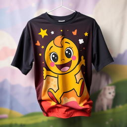 A vibrant and colorful printed T-shirt featuring an animated design of a friendly cartoon character with big eyes and a wide smile, surrounded by whimsical elements like stars and clouds