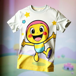 A vibrant and colorful printed T-shirt featuring an animated design of a friendly cartoon character with big eyes and a wide smile, surrounded by whimsical elements like stars and clouds