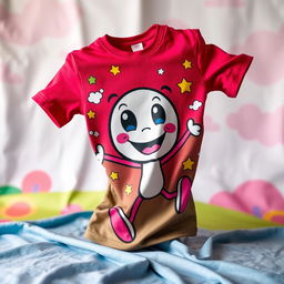 A vibrant and colorful printed T-shirt featuring an animated design of a friendly cartoon character with big eyes and a wide smile, surrounded by whimsical elements like stars and clouds