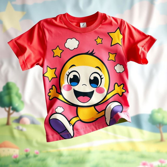 A vibrant and colorful printed T-shirt featuring an animated design of a friendly cartoon character with big eyes and a wide smile, surrounded by whimsical elements like stars and clouds