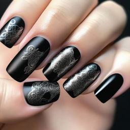 An impressive digital art image showcasing a set of nails designed with a Gothic inspiration