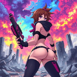 A masterpiece in anime style featuring a dynamic pose of a femboy character standing confidently in the ruins, with a vibrant, multicolor background