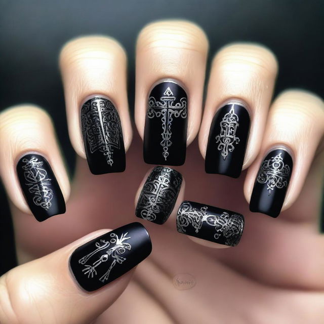 An impressive digital art image showcasing a set of nails designed with a Gothic inspiration