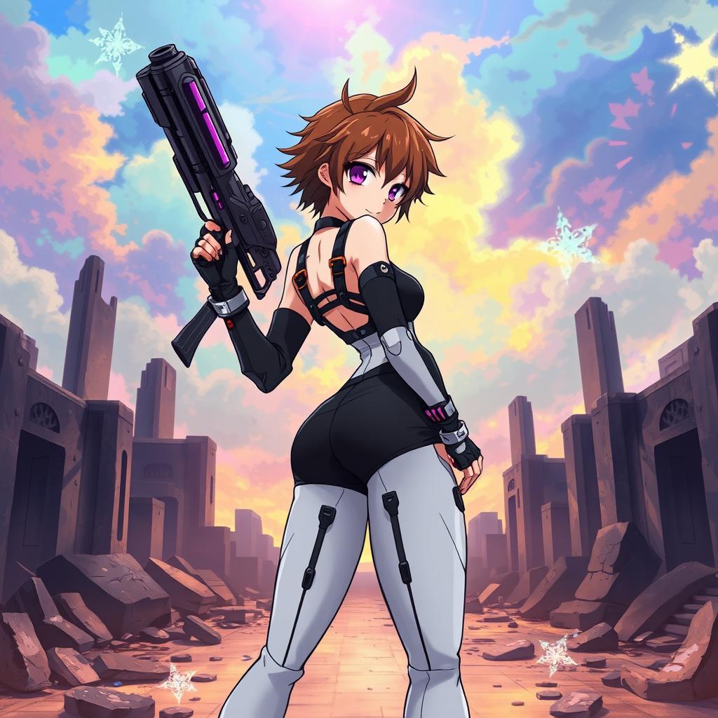 A masterpiece in anime style featuring a dynamic pose of a femboy character standing confidently in the ruins, with a vibrant, multicolor background