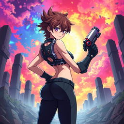 A masterpiece in anime style featuring a dynamic pose of a femboy character standing confidently in the ruins, with a vibrant, multicolor background