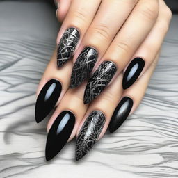 An impressive digital art image showcasing a set of nails designed with a Gothic inspiration