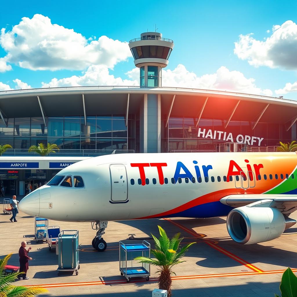 A professional image of a modern airport in Haiti featuring an airplane with 'HAITI Air' written prominently on its fuselage