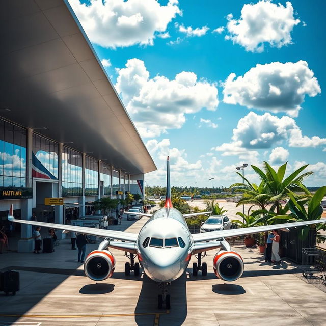 A professional image of a modern airport in Haiti featuring an airplane with 'HAITI Air' written prominently on its fuselage