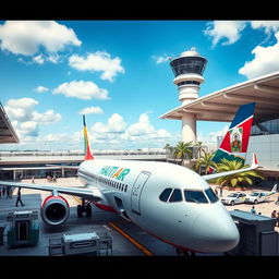 A professional image of a modern airport in Haiti featuring an airplane with 'HAITI Air' written prominently on its fuselage
