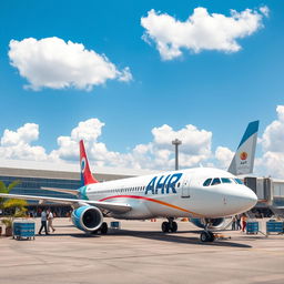 A professional image of a modern airport in Haiti featuring an airplane with 'HAITI Air' written prominently on its fuselage