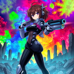 A masterpiece in anime style featuring a dynamic pose of a femboy character standing confidently among the ruins, highlighted by a vibrant, multicolor background
