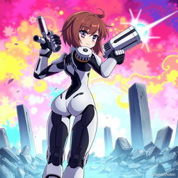 A masterpiece in anime style featuring a dynamic pose of a femboy character standing confidently among the ruins, highlighted by a vibrant, multicolor background