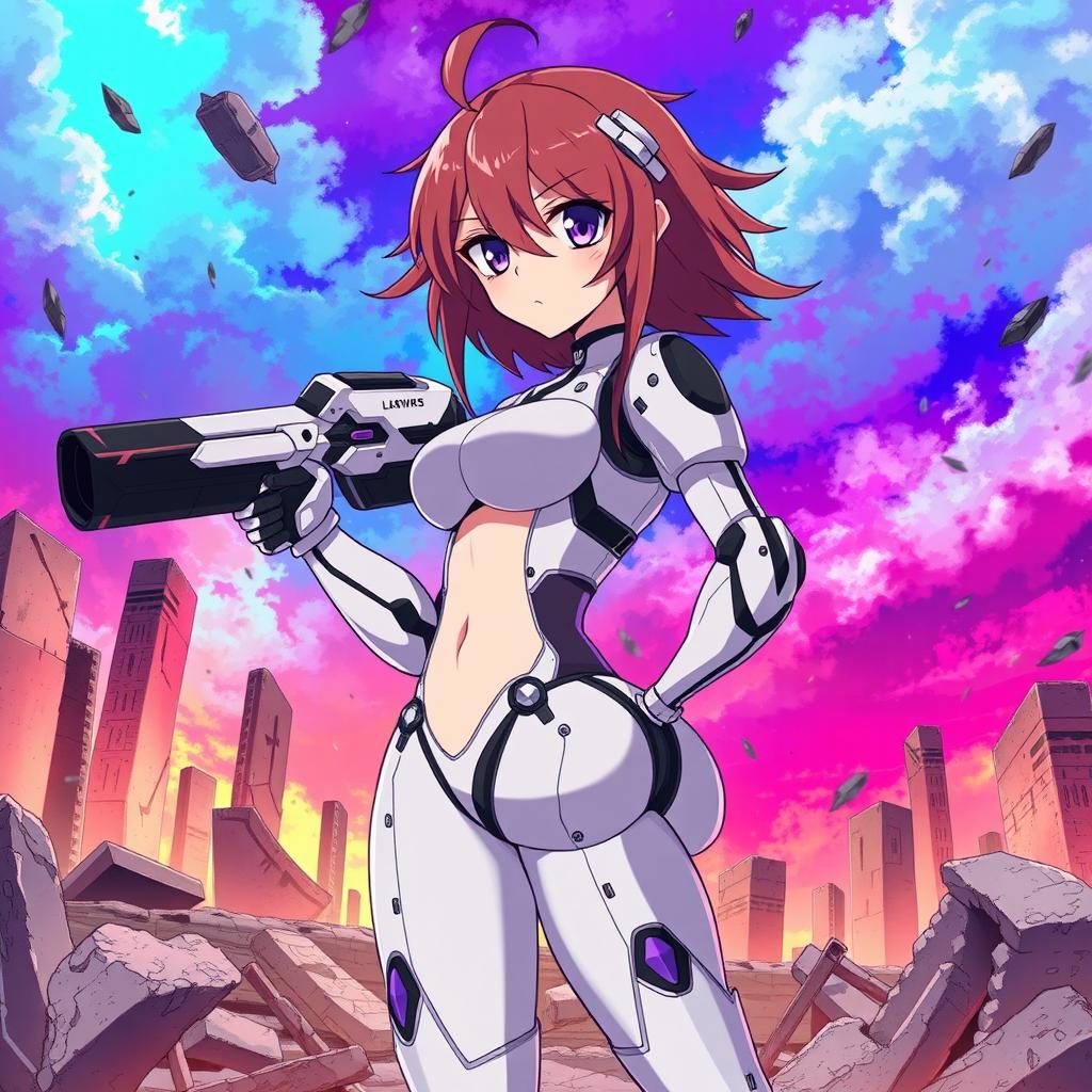 A masterpiece in anime style featuring a dynamic pose of a femboy character standing confidently among the ruins, highlighted by a vibrant, multicolor background