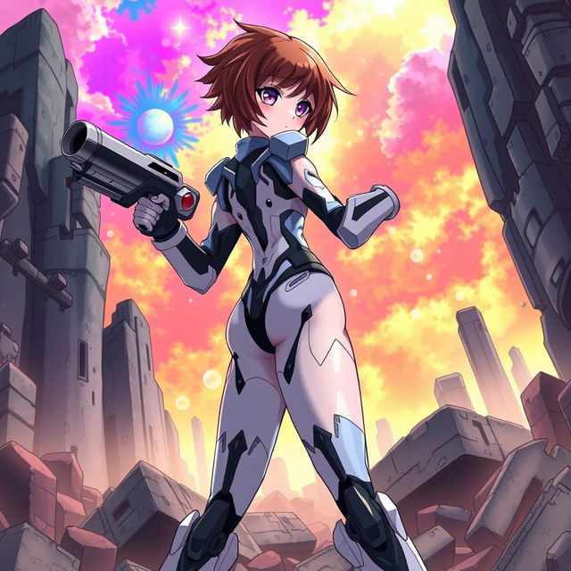 A masterpiece in anime style featuring a dynamic pose of a femboy character standing confidently among the ruins, highlighted by a vibrant, multicolor background