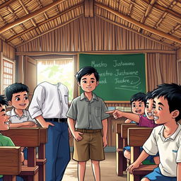 A vibrant scene inside a traditional nipa hut schoolhouse, showcasing a lively classroom filled with wooden benches and a chalkboard