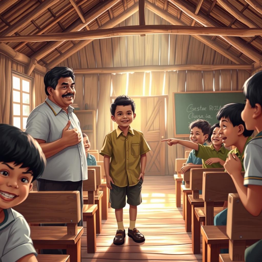 A vibrant scene inside a traditional nipa hut schoolhouse, showcasing a lively classroom filled with wooden benches and a chalkboard