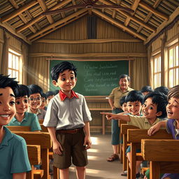 A vibrant scene inside a traditional nipa hut schoolhouse, showcasing a lively classroom filled with wooden benches and a chalkboard