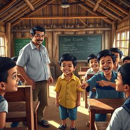 A vibrant scene inside a traditional nipa hut schoolhouse, showcasing a lively classroom filled with wooden benches and a chalkboard