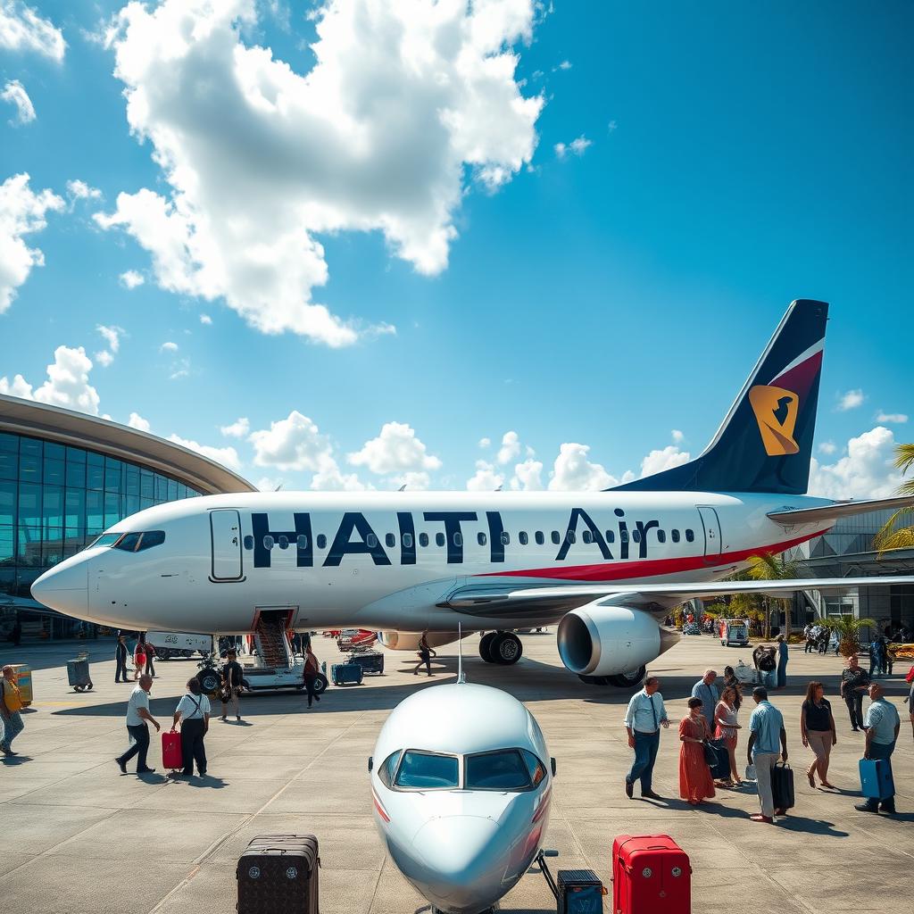 A professional image depicting a sleek airplane with 'HAITI Air' written in bold letters on its side, situated at a modern airport in Haiti