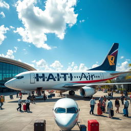 A professional image depicting a sleek airplane with 'HAITI Air' written in bold letters on its side, situated at a modern airport in Haiti