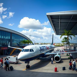 A professional image depicting a sleek airplane with 'HAITI Air' written in bold letters on its side, situated at a modern airport in Haiti
