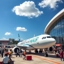 A professional image depicting a sleek airplane with 'HAITI Air' written in bold letters on its side, situated at a modern airport in Haiti