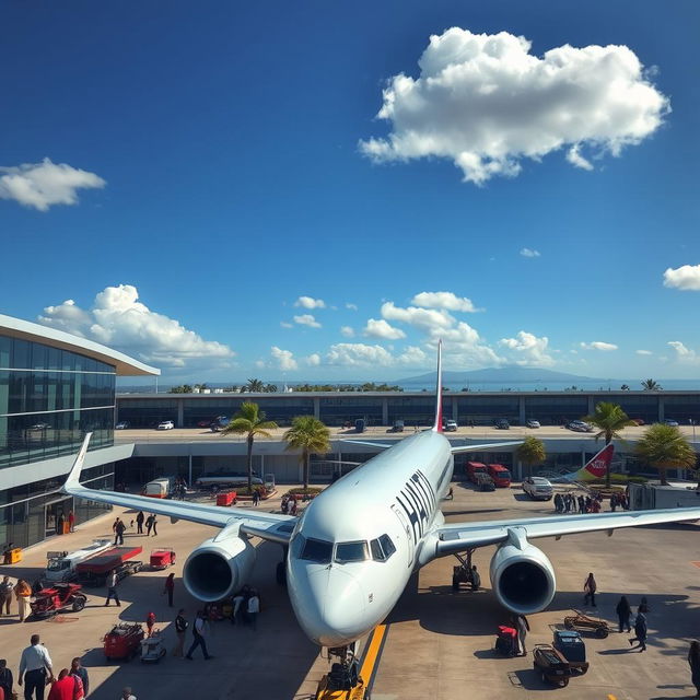 A professional image depicting a sleek airplane with 'HAITI Air' written in bold letters on its side, situated at a modern airport in Haiti