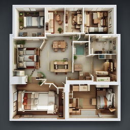 High detailed blueprint of a 3 bedroom set. Incorporate spacious rooms, suitable furniture placements and a well thought out floor plan.