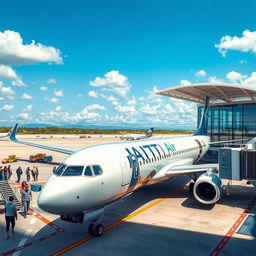 A professional image showcasing a modern airport in Haiti with an airplane featuring 'HAITI Air' elegantly painted on its side
