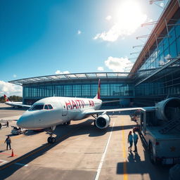 A professional image showcasing a modern airport in Haiti with an airplane featuring 'HAITI Air' elegantly painted on its side