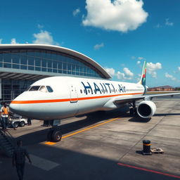 A professional image showcasing a modern airport in Haiti with an airplane featuring 'HAITI Air' elegantly painted on its side
