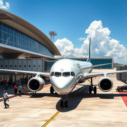 A professional image showcasing a modern airport in Haiti with an airplane featuring 'HAITI Air' elegantly painted on its side