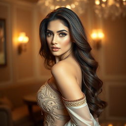 A glamorous and alluring Pakistani actress, showcasing her beauty with an enticing pose