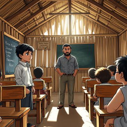 A lively scene inside a traditional nipa hut schoolhouse, with wooden benches and a chalkboard
