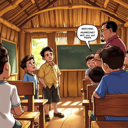 A lively scene inside a traditional nipa hut schoolhouse, with wooden benches and a chalkboard