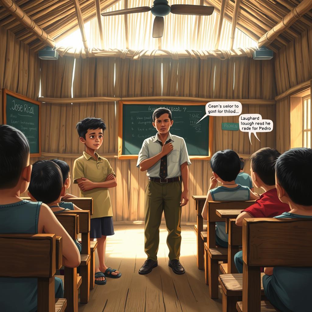 A lively scene inside a traditional nipa hut schoolhouse, with wooden benches and a chalkboard