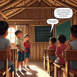 A lively scene inside a traditional nipa hut schoolhouse, with wooden benches and a chalkboard