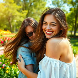 A bold and exciting outdoor scene featuring an attractive woman with long hair, playfully engaging in a daring act with a stranger