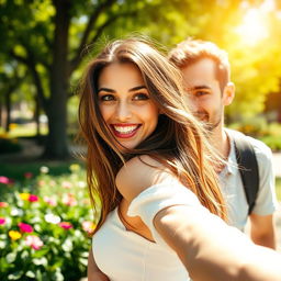 A bold and exciting outdoor scene featuring an attractive woman with long hair, playfully engaging in a daring act with a stranger