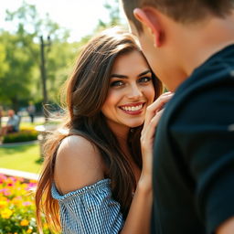 A bold and exciting outdoor scene featuring an attractive woman with long hair, playfully engaging in a daring act with a stranger