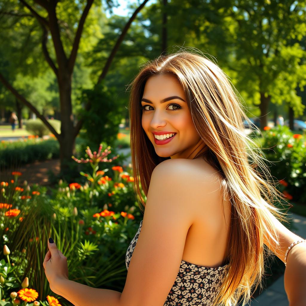 A bold and exciting outdoor scene featuring an attractive woman with long hair, playfully engaging in a daring act with a stranger