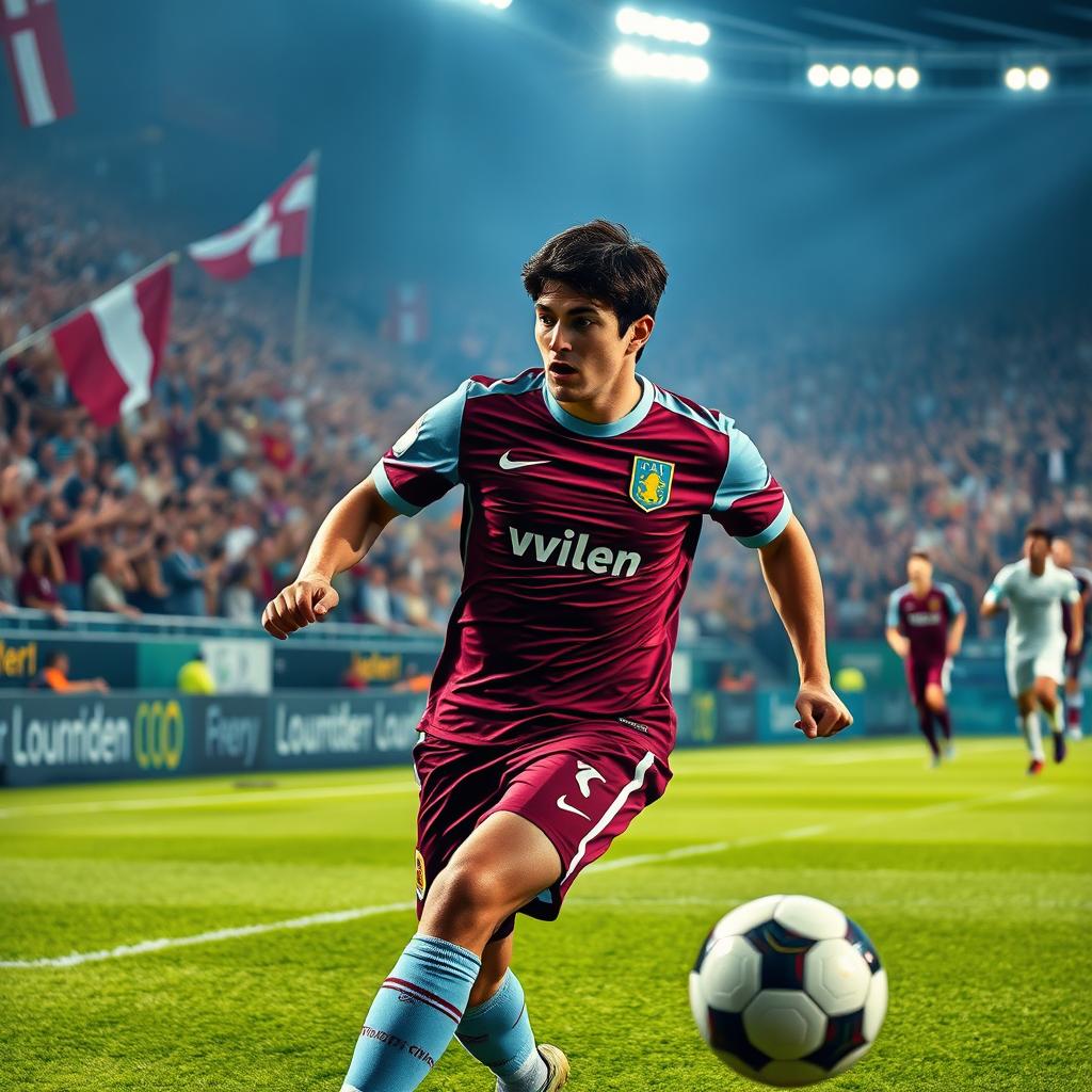 A dynamic scene of a famous soccer player reminiscent of Ricardo Kaká, wearing an Aston Villa football kit, skillfully dribbling the ball on a vibrant green pitch