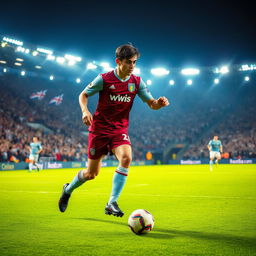 A dynamic scene of a famous soccer player reminiscent of Ricardo Kaká, wearing an Aston Villa football kit, skillfully dribbling the ball on a vibrant green pitch