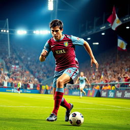 A dynamic scene of a famous soccer player reminiscent of Ricardo Kaká, wearing an Aston Villa football kit, skillfully dribbling the ball on a vibrant green pitch