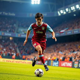 A dynamic scene of a famous soccer player reminiscent of Ricardo Kaká, wearing an Aston Villa football kit, skillfully dribbling the ball on a vibrant green pitch